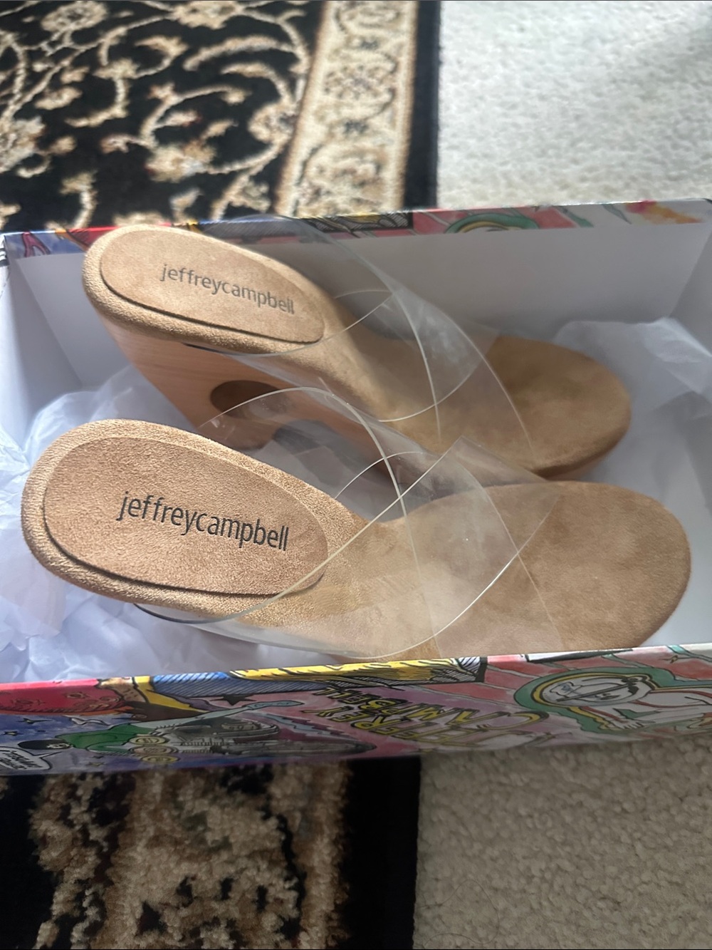 Jeffrey Campbell Tan Suede Mules with Clear Straps